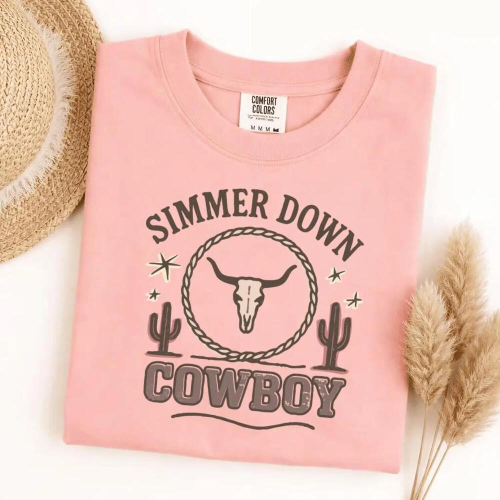 S Simmer Down Cowboy T-Shirt Western Bull Skull Tee